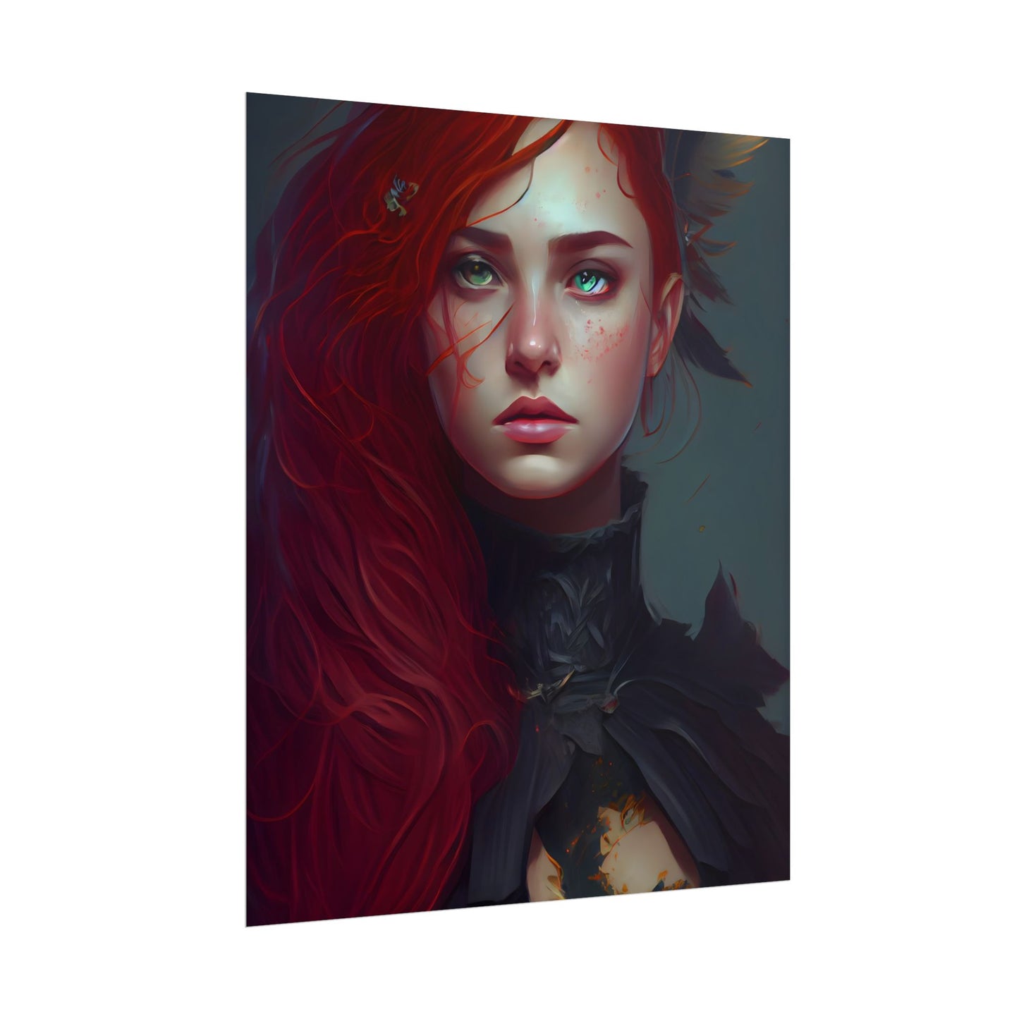 Vibrant Female Portrait: Red Hair Beauty in Neutral Dress - Poster