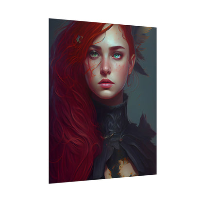 Vibrant Female Portrait: Red Hair Beauty in Neutral Dress - Poster