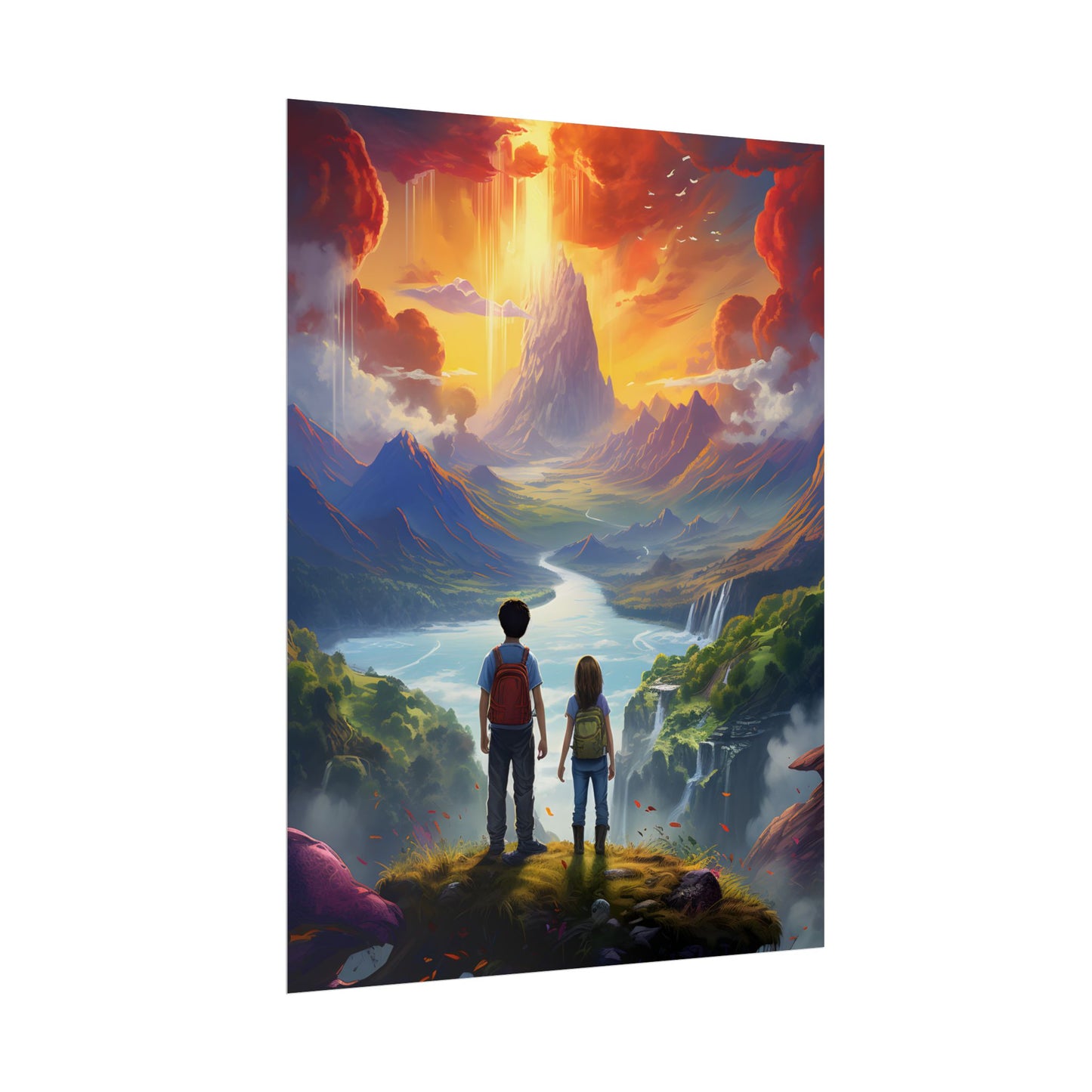 Girl, Boy, Meadow: A Peaceful Cloudy Day Artwork - Poster