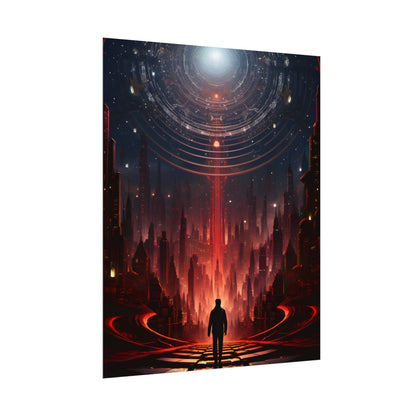 Futuristic Cityscape: Neon Sky Meets Nature's Harmony - Poster