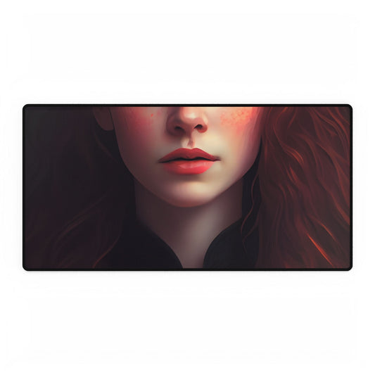 Redheaded Beauty in Red: Elegant Portrait Art - Desk Mat