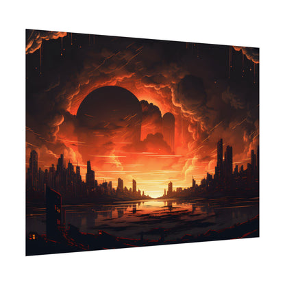 Futuristic Cyberpunk Night: Burning Cityscape Landscape Art - Poster