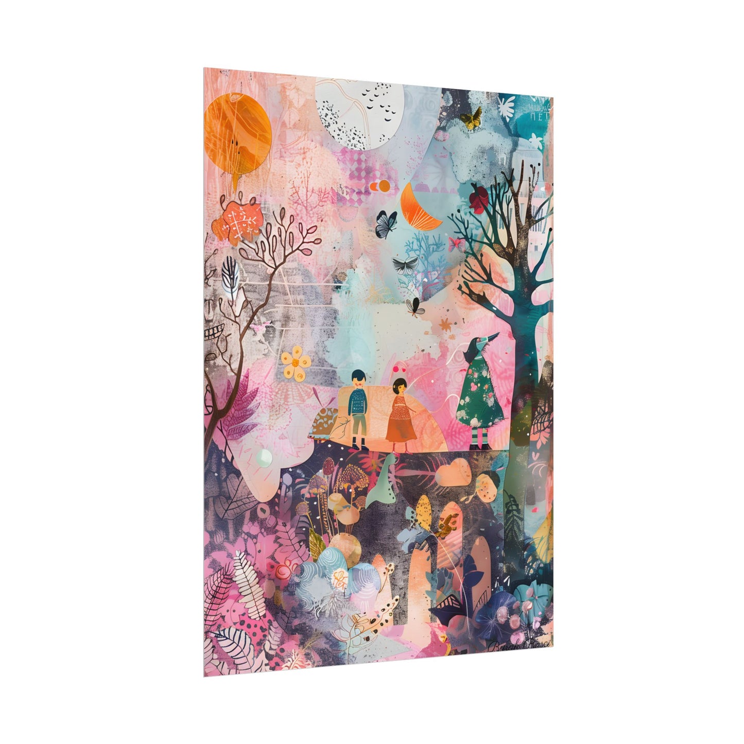 Colorful Whimsy: Blue Fish, Yellow Bird, Pink Cat Art Collage - Poster