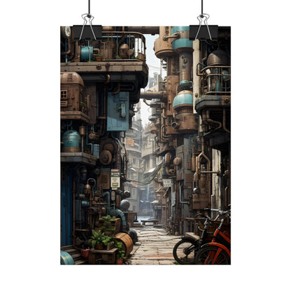 Steampunk Urban Decay: Post-Apocalyptic Cityscape at Dusk - Poster