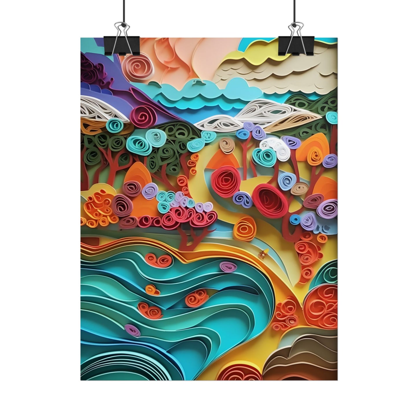 Paper Quilled Beach Bliss: Artistic Coastal Landscape - Poster