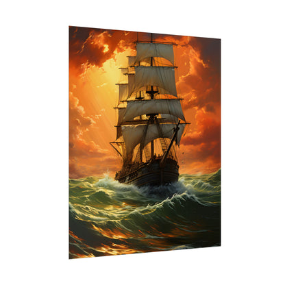 Nature's Serenity: Realistic Oil Painting of a Green Ship - Poster