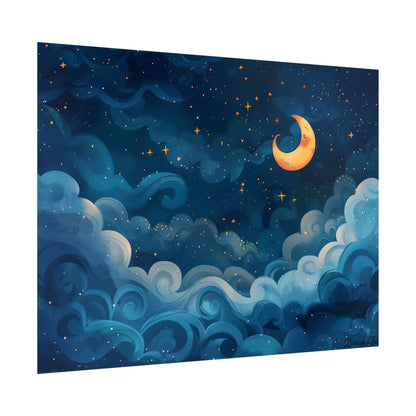 Surreal Night Sky Dreamscape: Whimsical Stars and Clouds Art - Poster