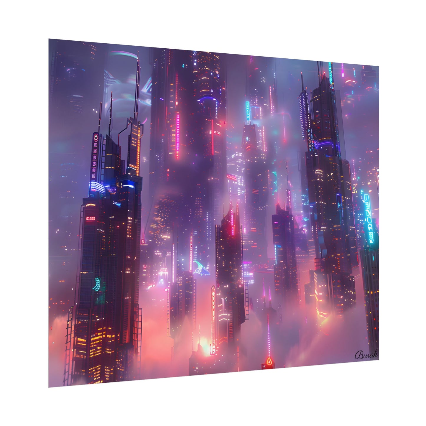 Neon Futuristic Cityscape: Graphic Modern Art - Poster