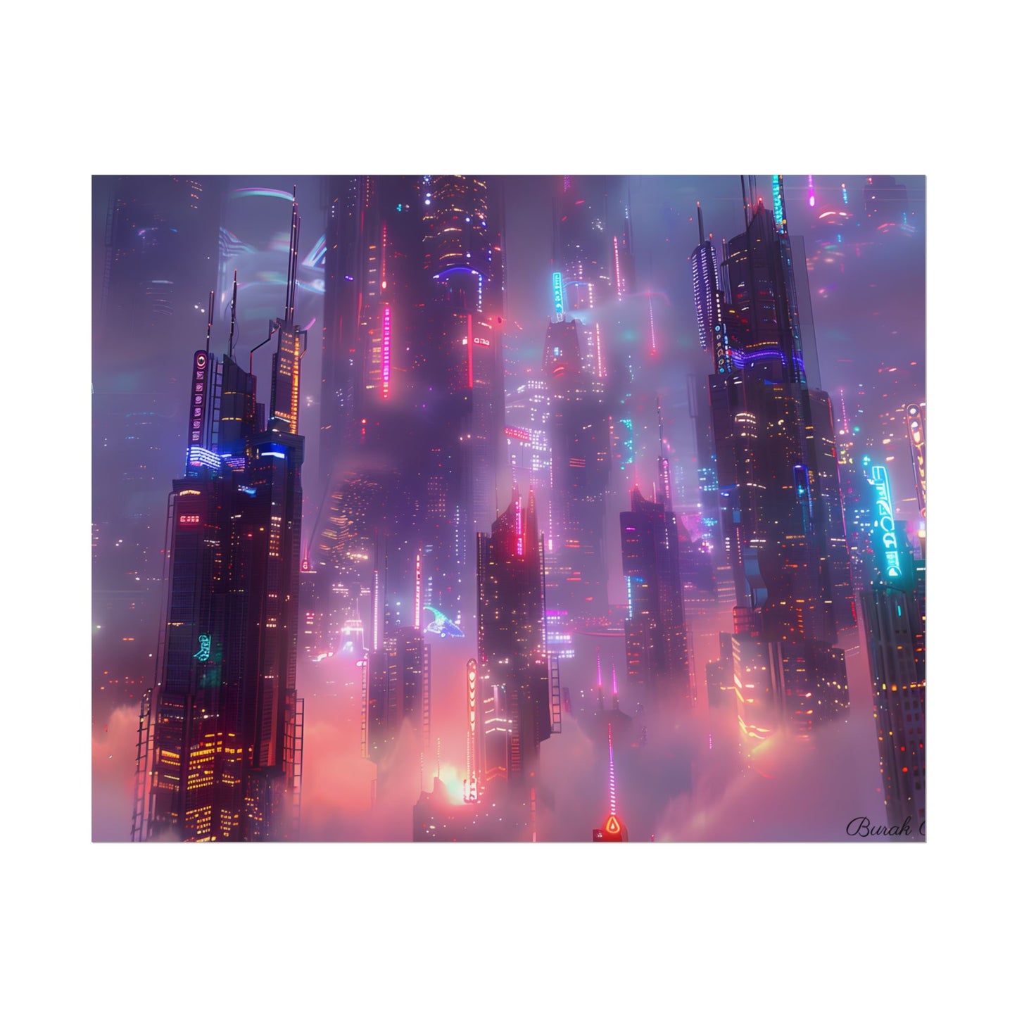 Neon Futuristic Cityscape: Graphic Modern Art - Poster