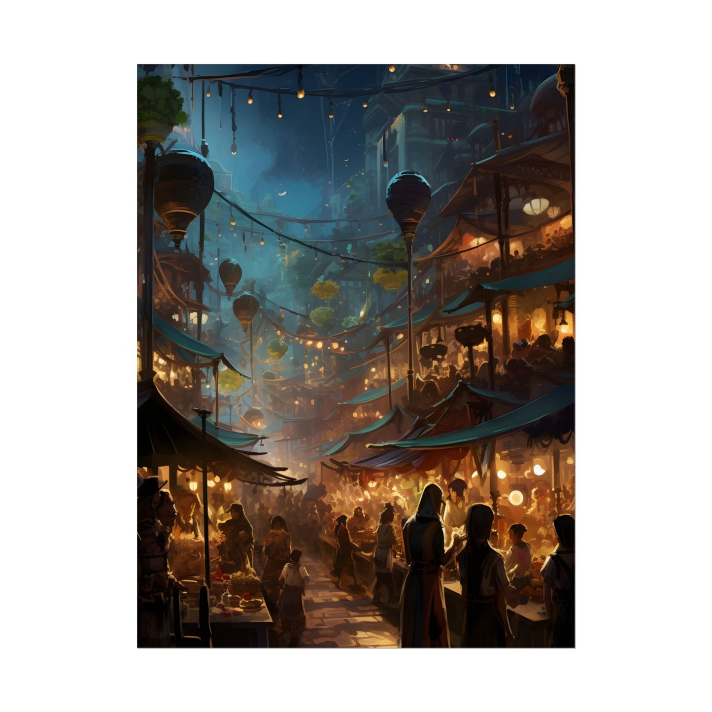 Enchanting Night Street Food Market: Colorful Artwork - Poster