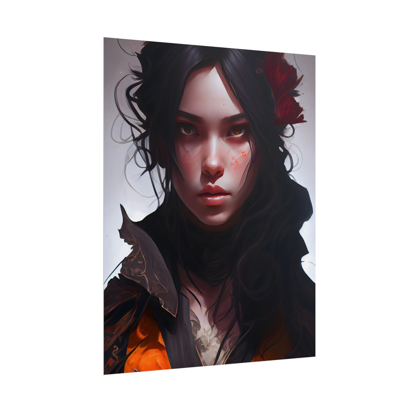 Black Hair Female Portrait: Elegant Dress Artwork - Poster