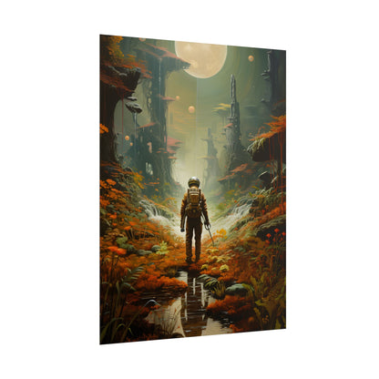 Futuristic Explorer in Wilderness: Digital Artwork - Poster