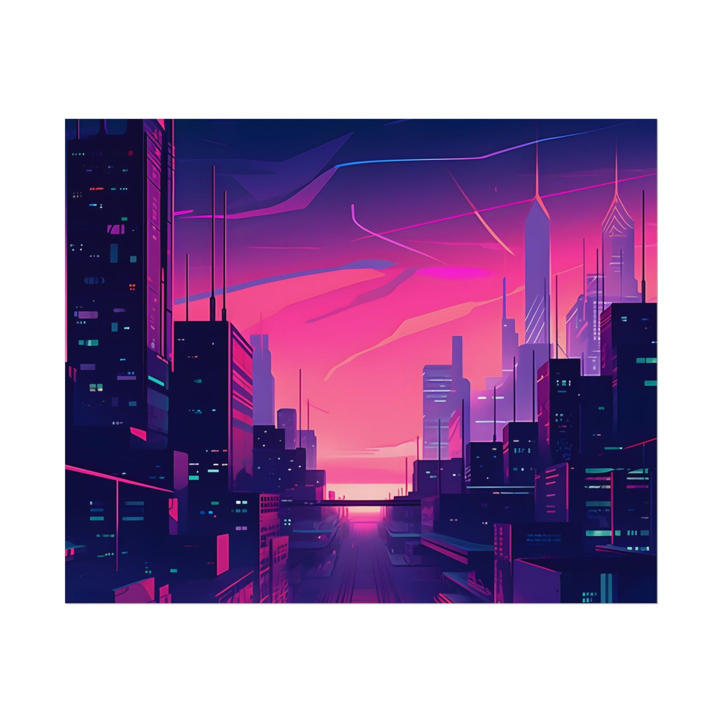 Melancholic Cyberpunk Cityscape: Neon Night Digital Art - Poster