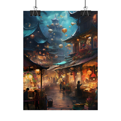 Enchanted Street Food Market: Vibrant Evening Artwork - Poster