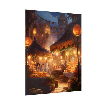 Magical Street Food Market: A Colorful Nighttime Scene - Poster