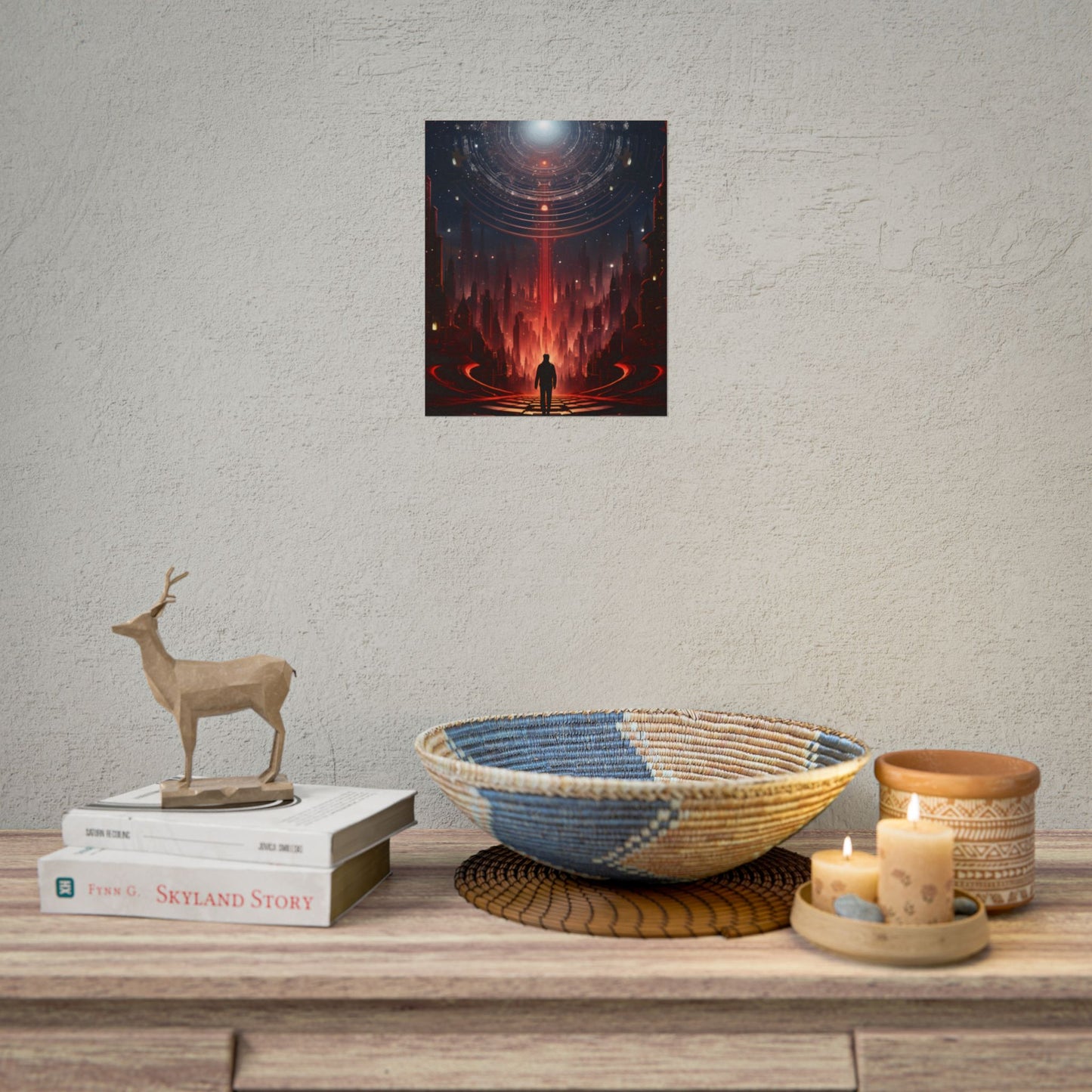 Futuristic Cityscape: Neon Sky Meets Nature's Harmony - Poster