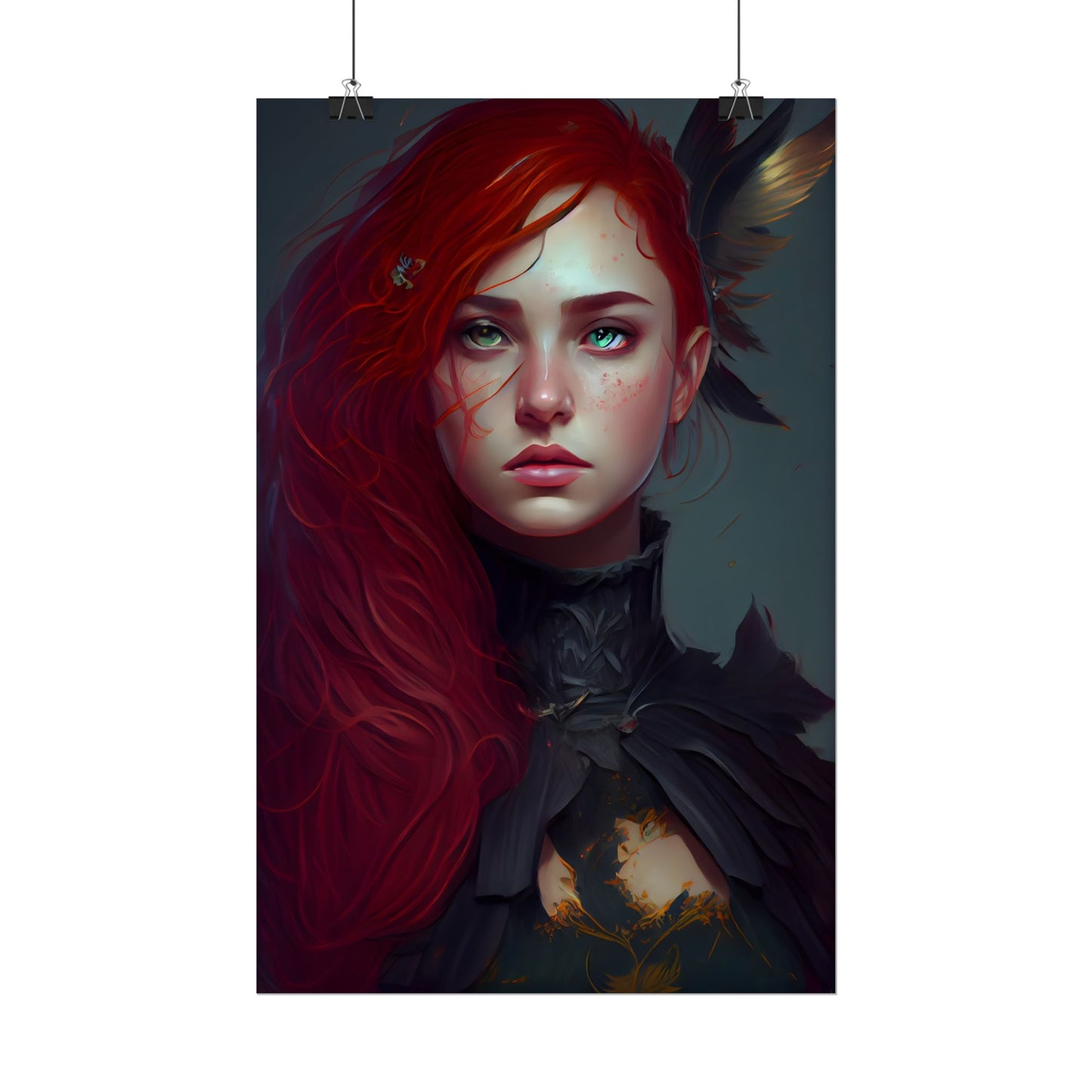 Vibrant Female Portrait: Red Hair Beauty in Neutral Dress - Poster