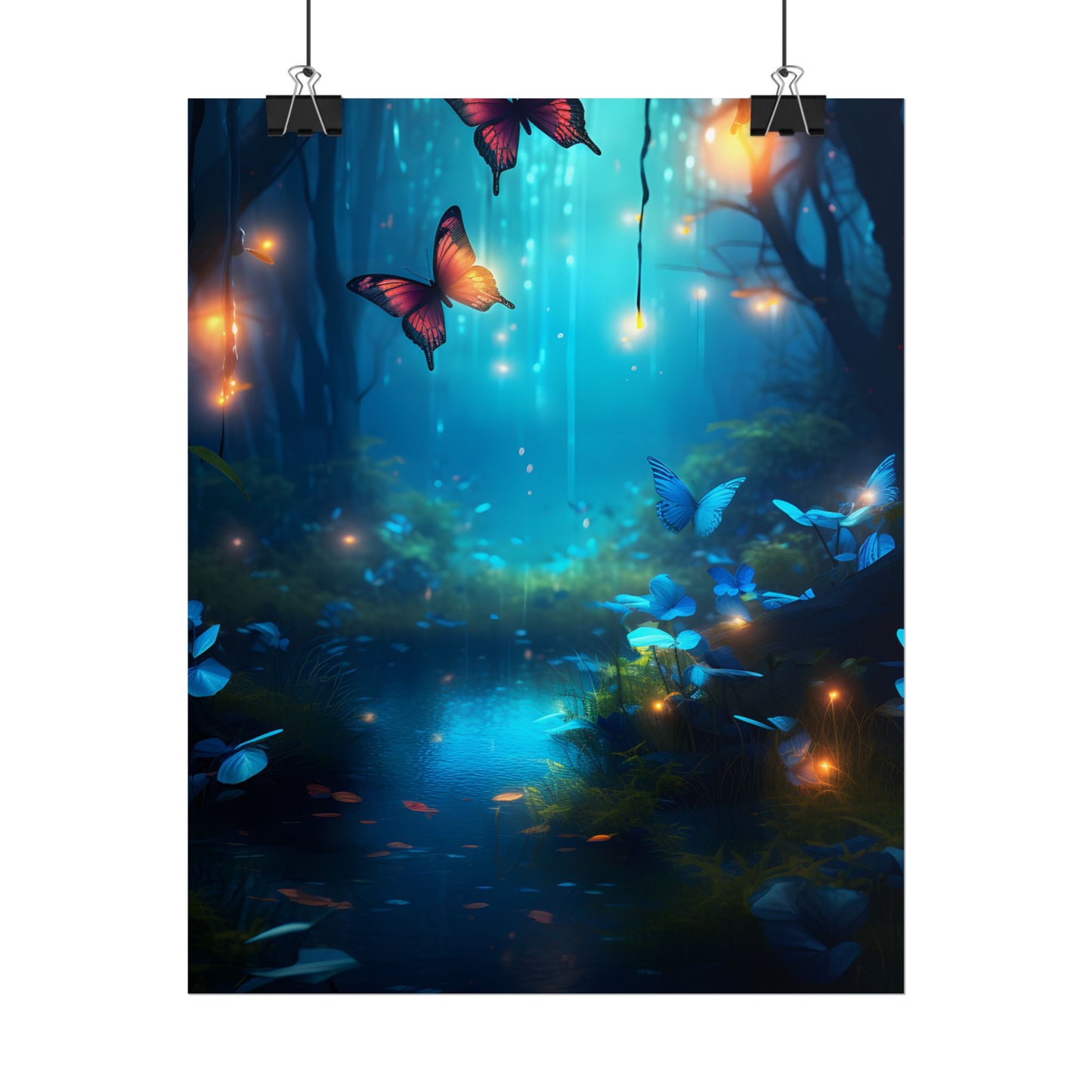 Moonlit Night Forest: Glowing Foggy Fantasy Bokeh Art - Poster