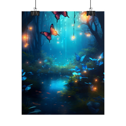Moonlit Night Forest: Glowing Foggy Fantasy Bokeh Art - Poster