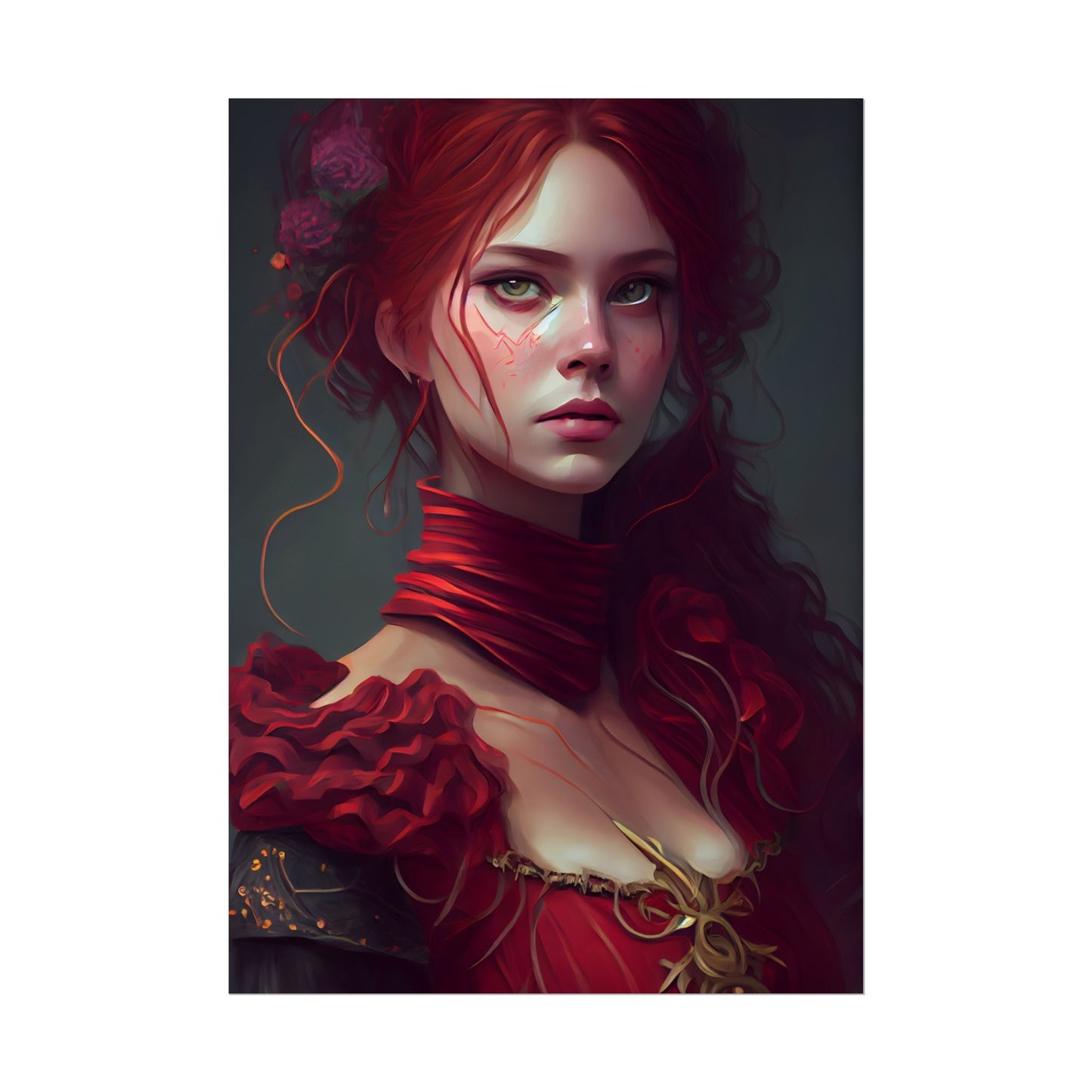 Vibrant Redhead Portrait: Female Artwork in Red Dress - Poster