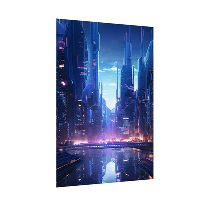 Dystopian Cyberpunk Cityscape: Glowing Neon Lights - Poster