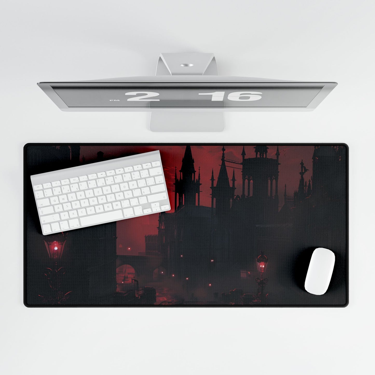Gothic Cityscape at Dusk: Ethereal Misty Architecture Art - Desk Mat