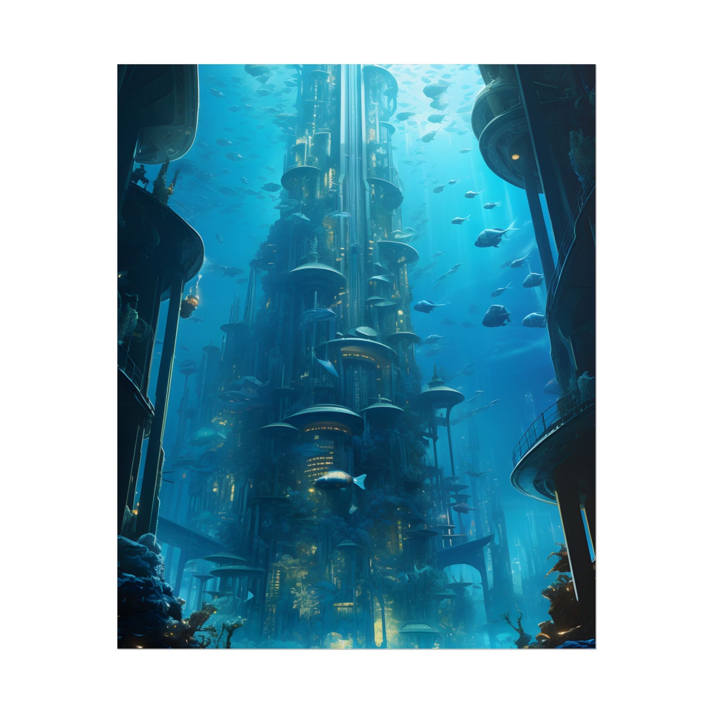 Future Metropolis: Underwater Cityscape Digital Art - Poster