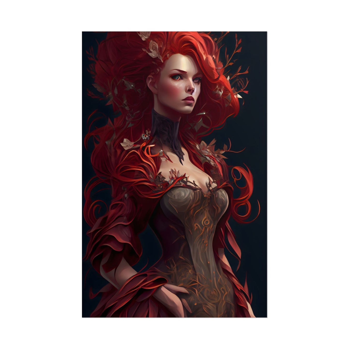 Red Hair Portrait: Elegant Female in Black Dress - Poster