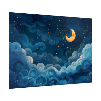 Surreal Night Sky Dreamscape: Whimsical Stars and Clouds Art - Poster