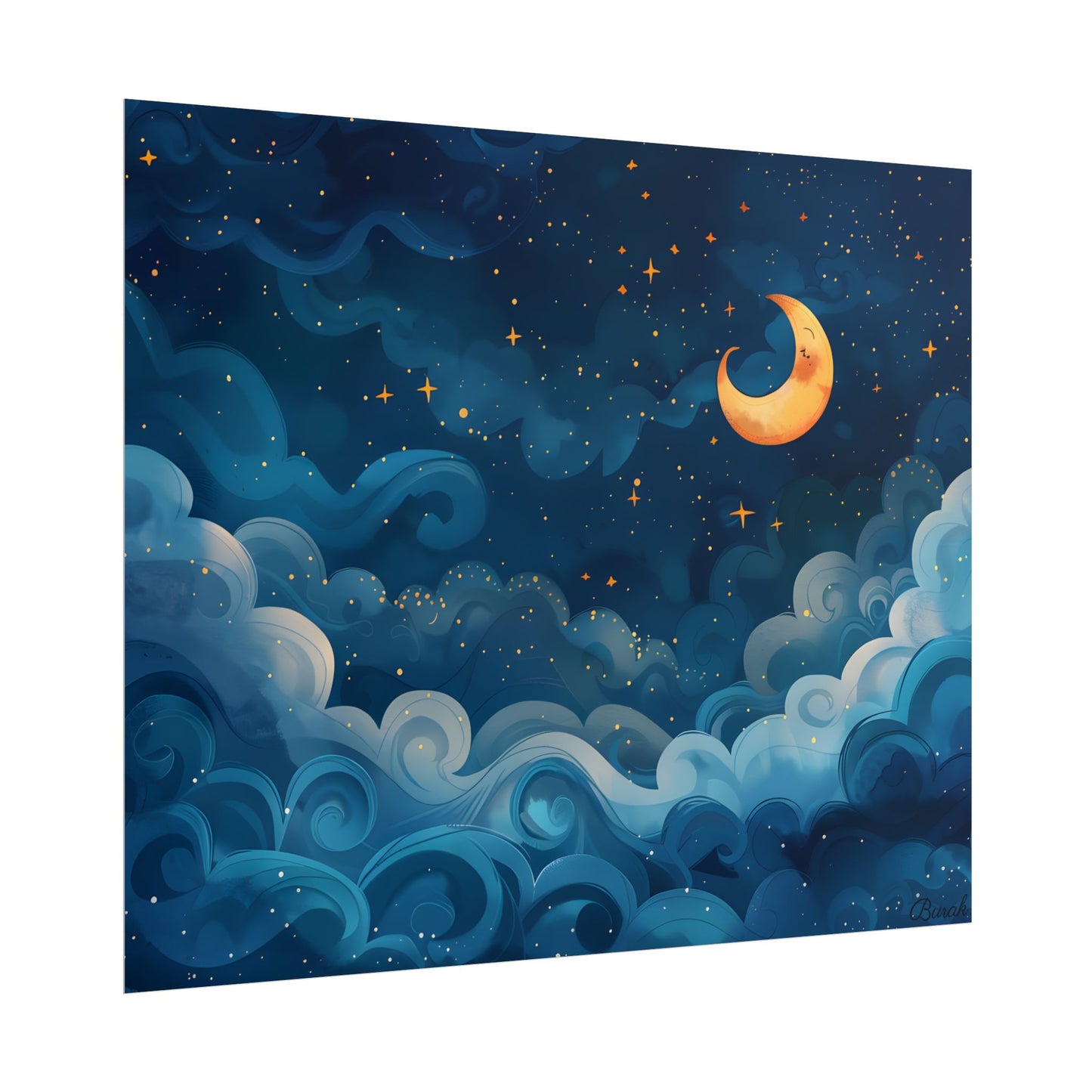 Surreal Night Sky Dreamscape: Whimsical Stars and Clouds Art - Poster