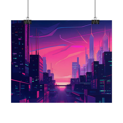 Melancholic Cyberpunk Cityscape: Neon Night Digital Art - Poster