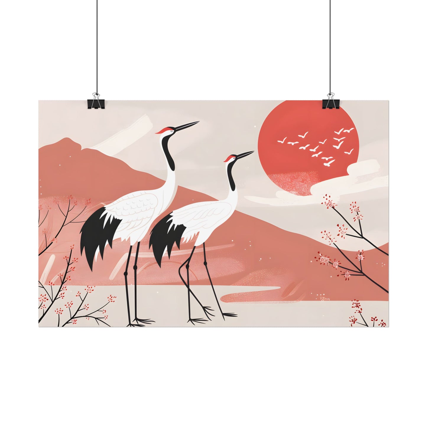 Serene Landscape with Cranes: Peaceful Nature Art - Poster