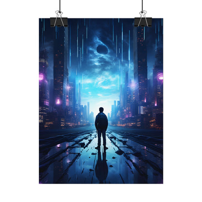 Cyberpunk Cityscape at Night: Melancholic Landscape Digital Art - Poster