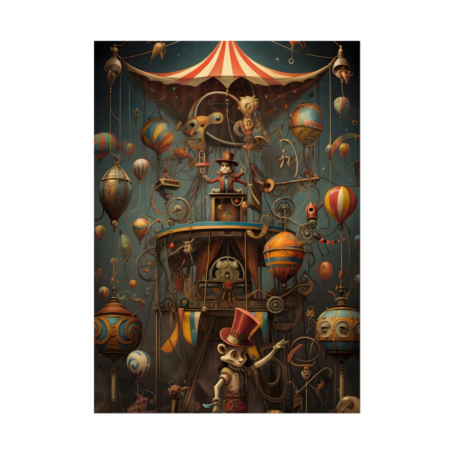 Whimsical Clockwork Circus: Fantastical Wooden Horse in Steampunk Dreamscape - Poster