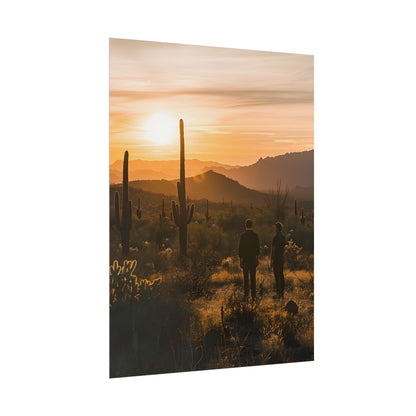 Desert Sunset Serenity: Two Friends Standing Together - Poster