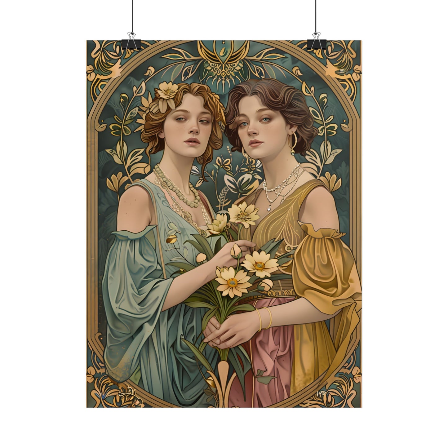 Two Women in Ornate Attire Holding Primr: Traditional Turkish Artwork - Poster