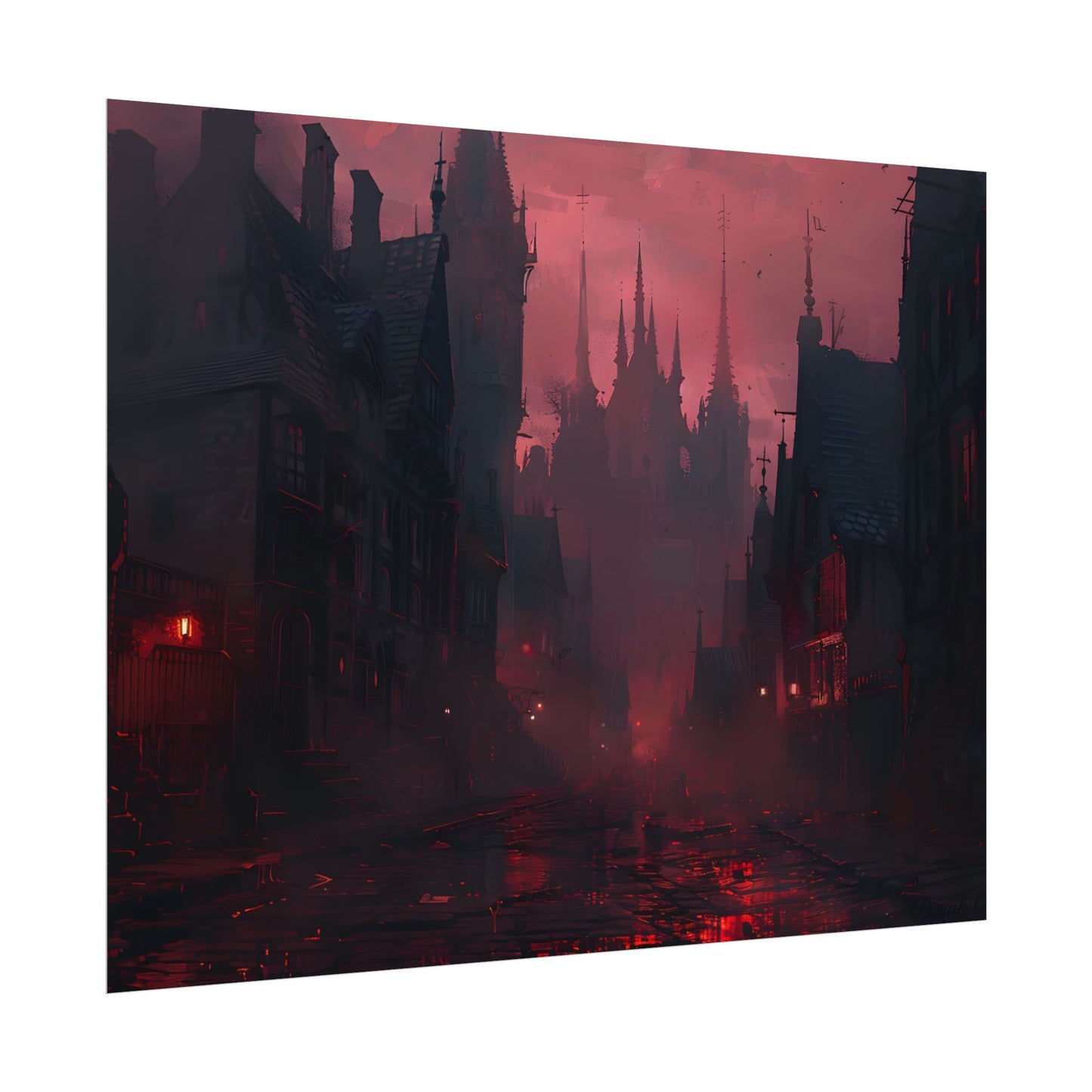 Dark Gothic Cityscape: A Serene Misty Dusk Scene - Poster