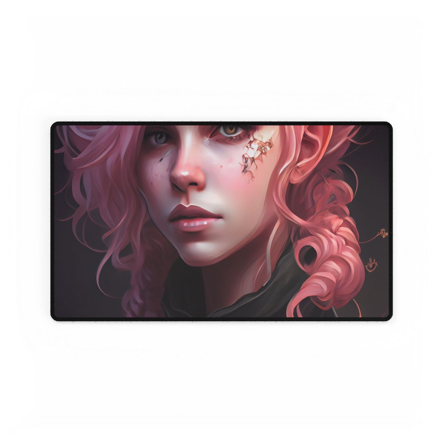 Astonishing Female Portrait: Vibrant Pink Hair in Dark Elegance - Desk Mat
