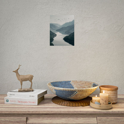 Peaceful Mountain Oasis: Serene Birds Eye View Artwork - Poster