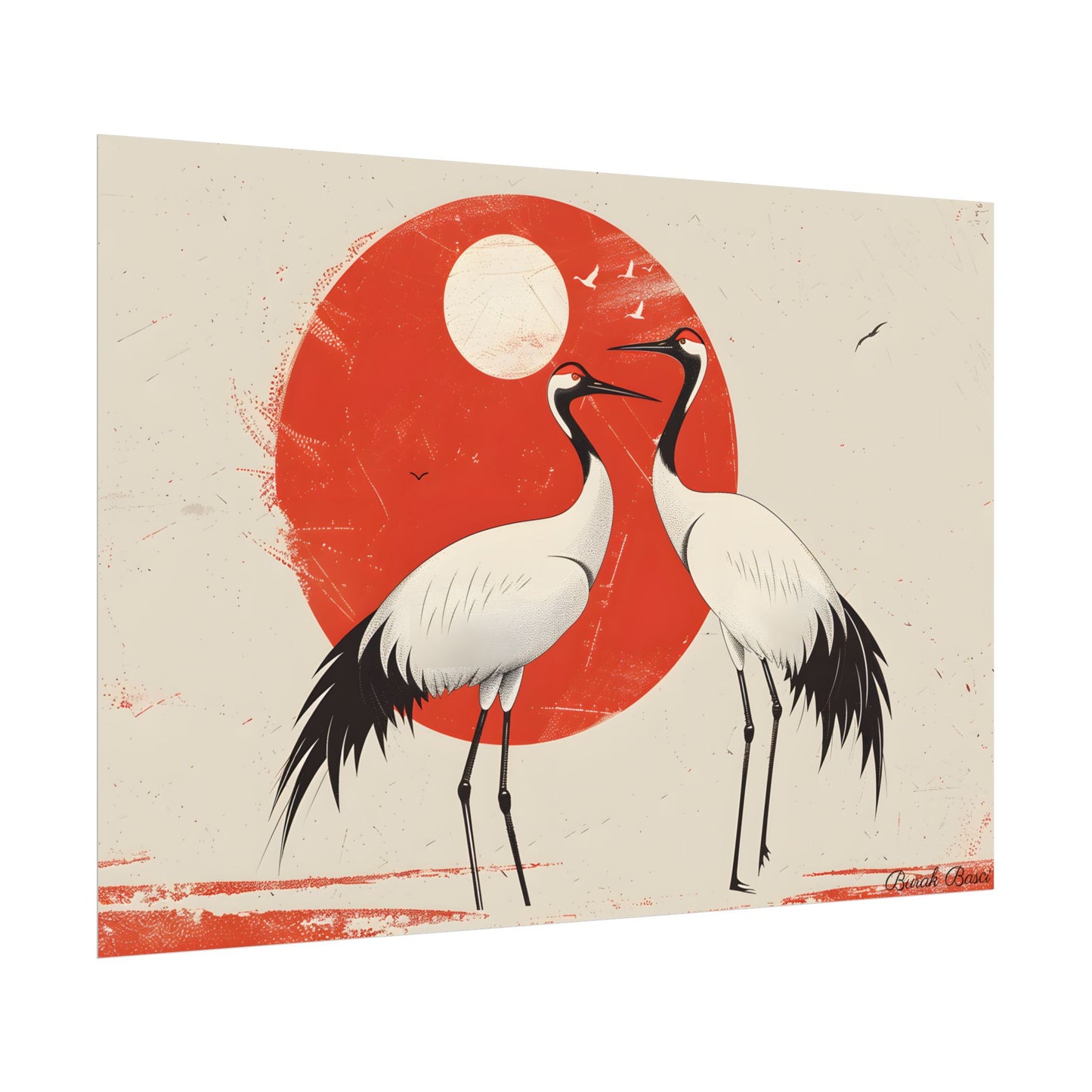 Serene Wildlife Sanctuary: Cranes in Red Nature Scene Art - Poster
