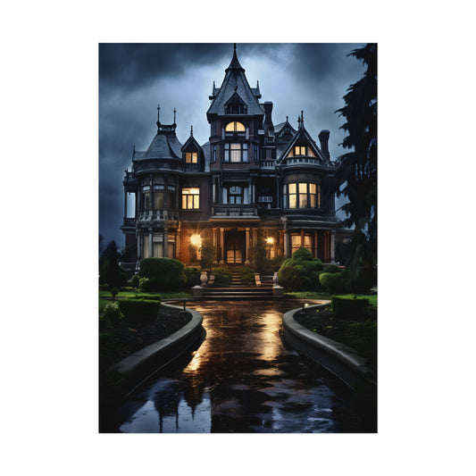 Haunted Victorian Mansion: Spooky Stormy Night Art - Poster