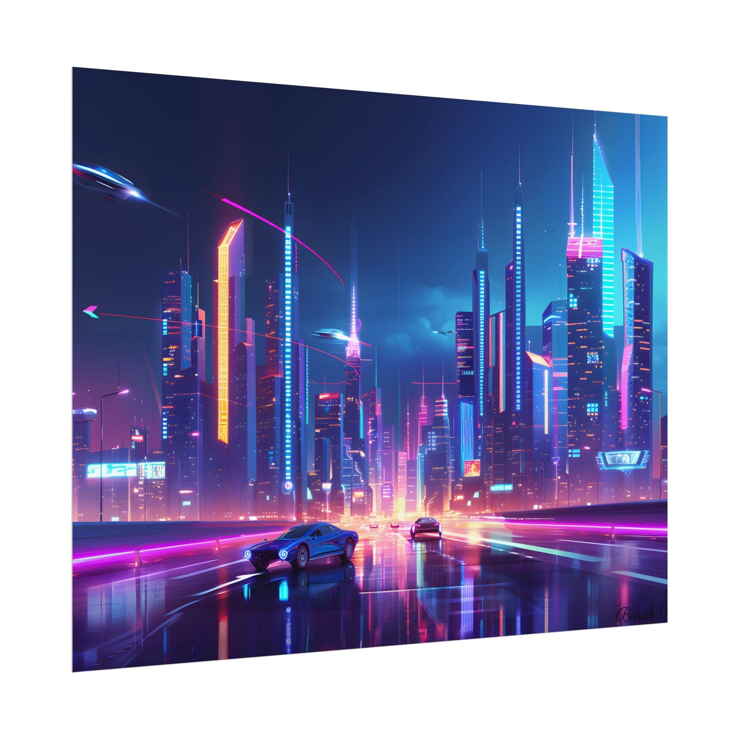 Futuristic City Glow: Neon Lights Digital Art - Poster