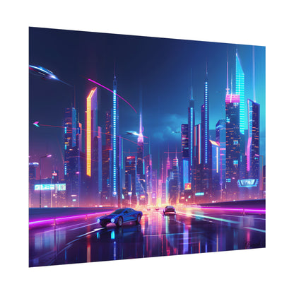 Futuristic City Glow: Neon Lights Digital Art - Poster