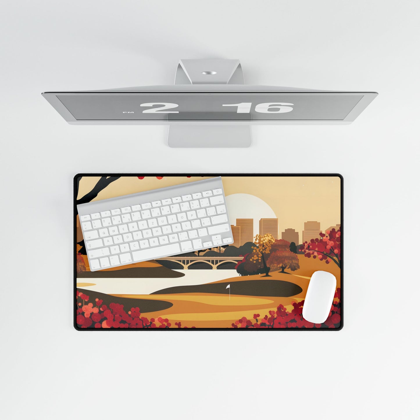 Retro Golf Illustration: Classic Course Scene - Desk Mat
