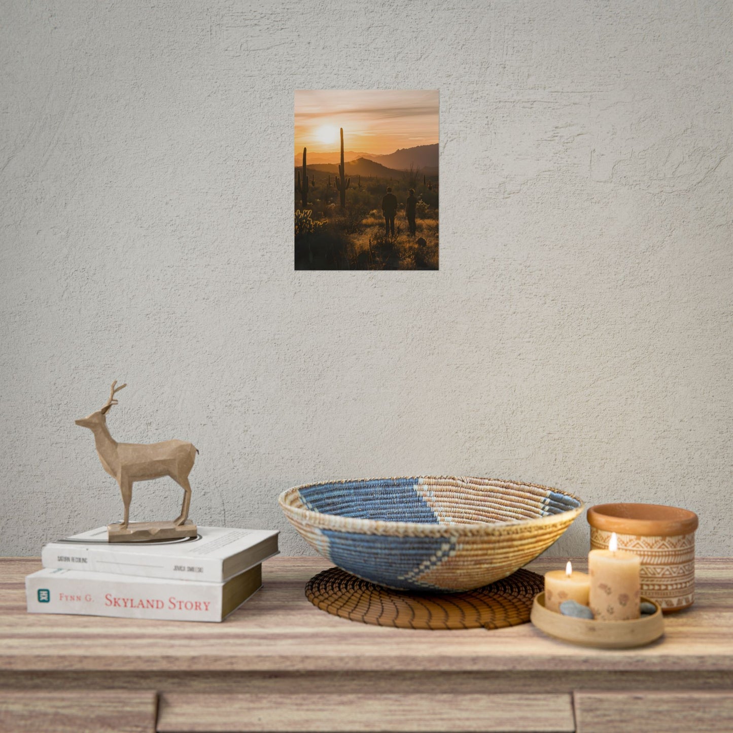 Desert Sunset Serenity: Two Friends Standing Together - Poster