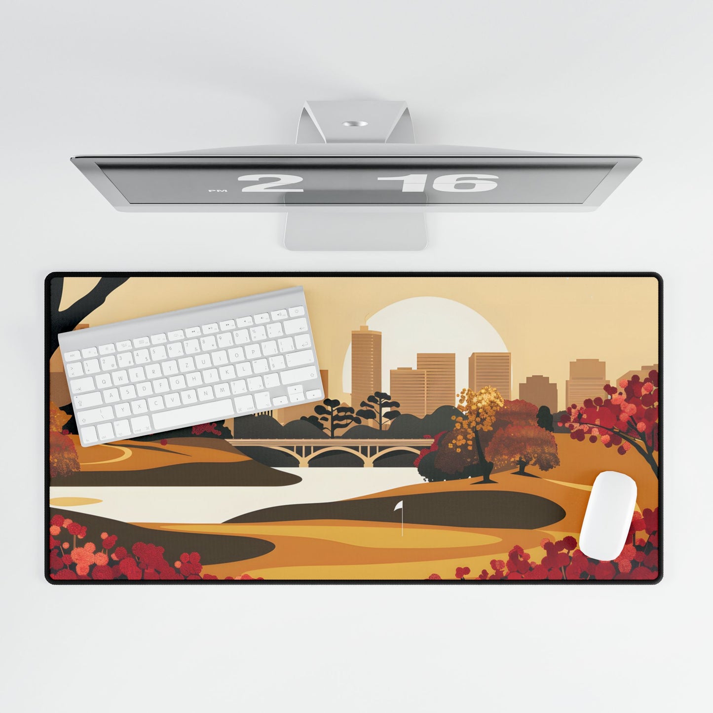 Retro Golf Illustration: Classic Course Scene - Desk Mat