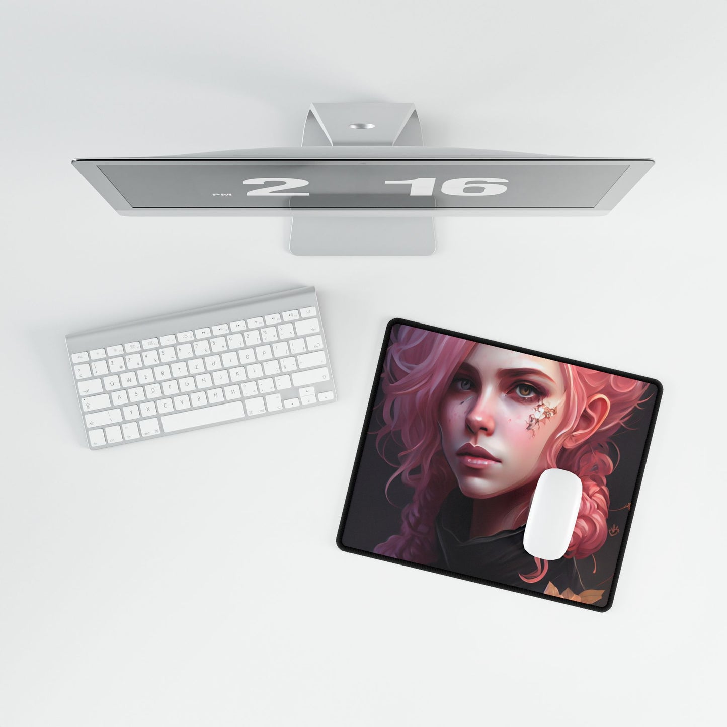 Astonishing Female Portrait: Vibrant Pink Hair in Dark Elegance - Desk Mat
