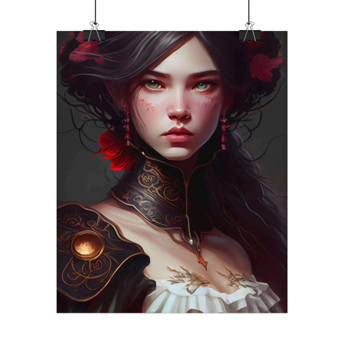 Elegant Black Hair Portrait in White Dress - Poster