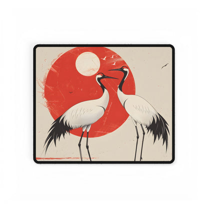 Serene Wildlife Sanctuary: Cranes in Red Nature Scene Art - Desk Mat