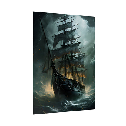 Ghostly Pirate Ship: Sailing Solo in Eerie Blue Skies - Poster